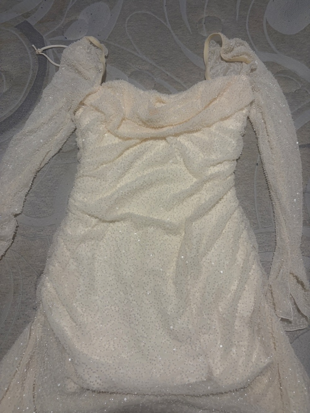 Oh Polly Cream Off-Shoulder Long Sleeve Sequin Dress